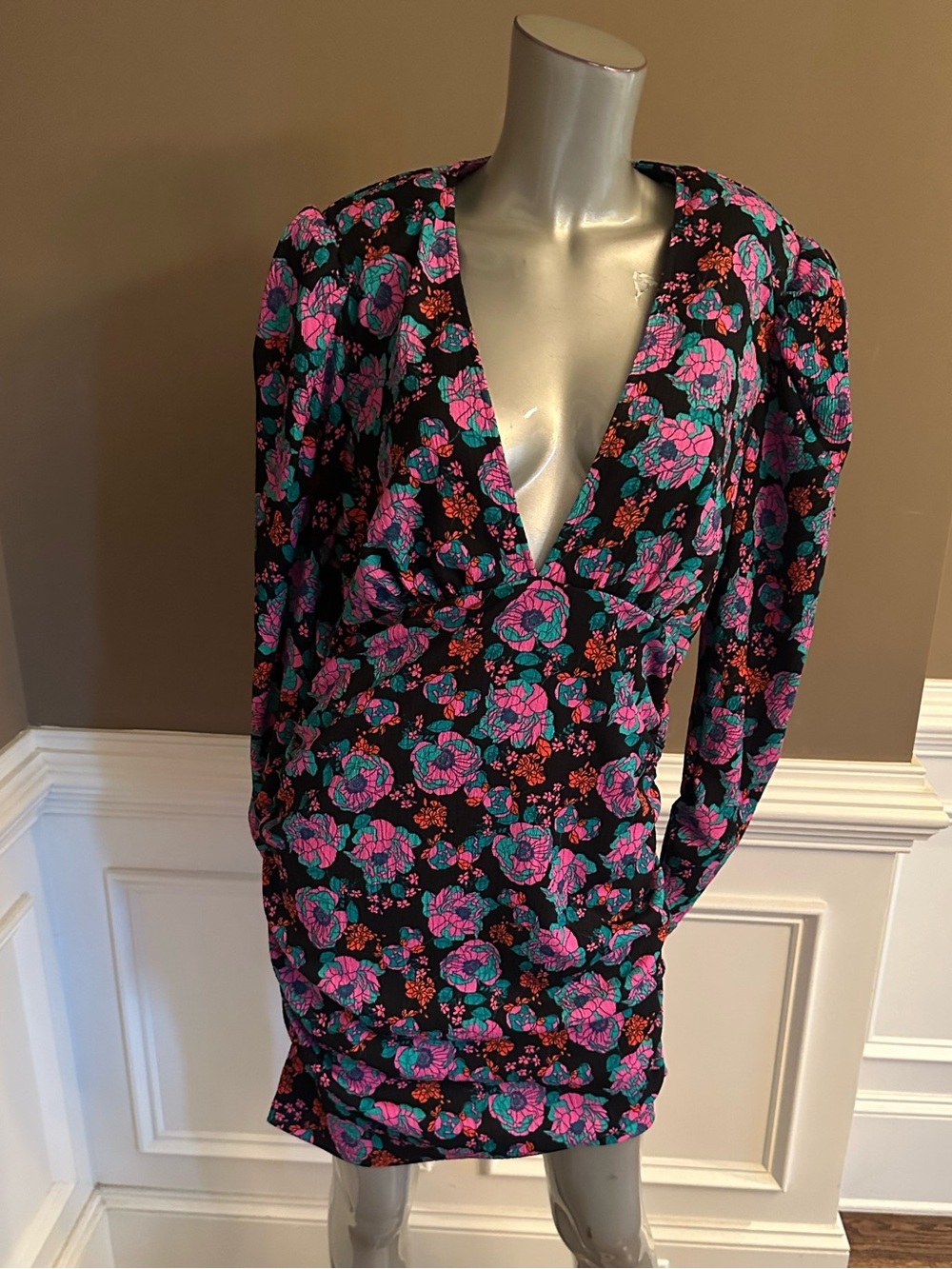 NWT ZARA Mini Floral Black Dress Puffer Sleeves Sz XXL